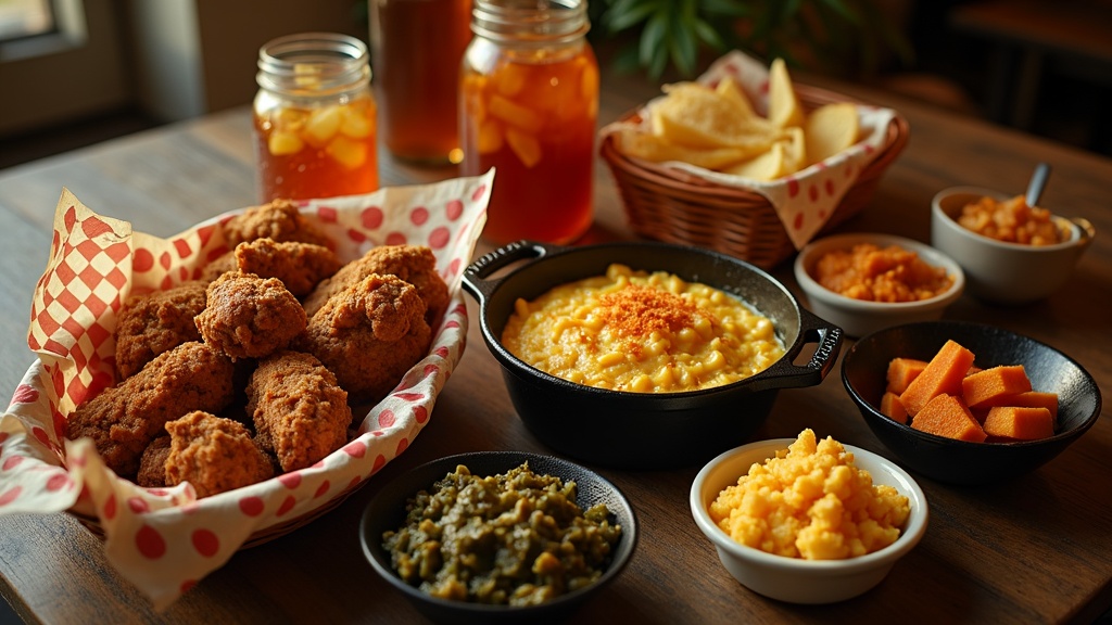 An overhead spread of Southern soul food — fried chicken, mac and cheese, mustard greens, cornbread, candied yams, and sweet tea, set on a rustic wooden table