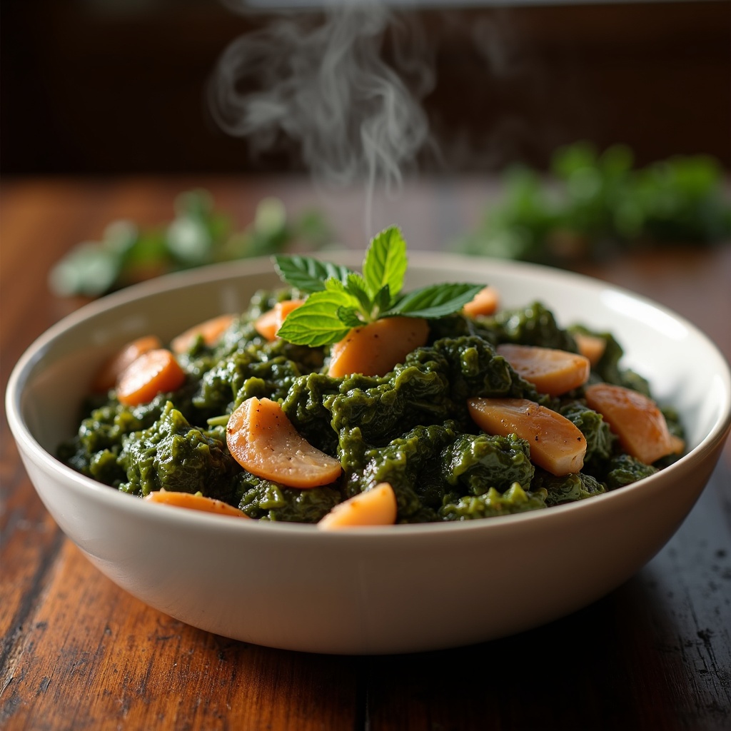 Mustard Greens — Slow-cooked with smoked turkey neck and a little vinegar. Tender, not bitter.