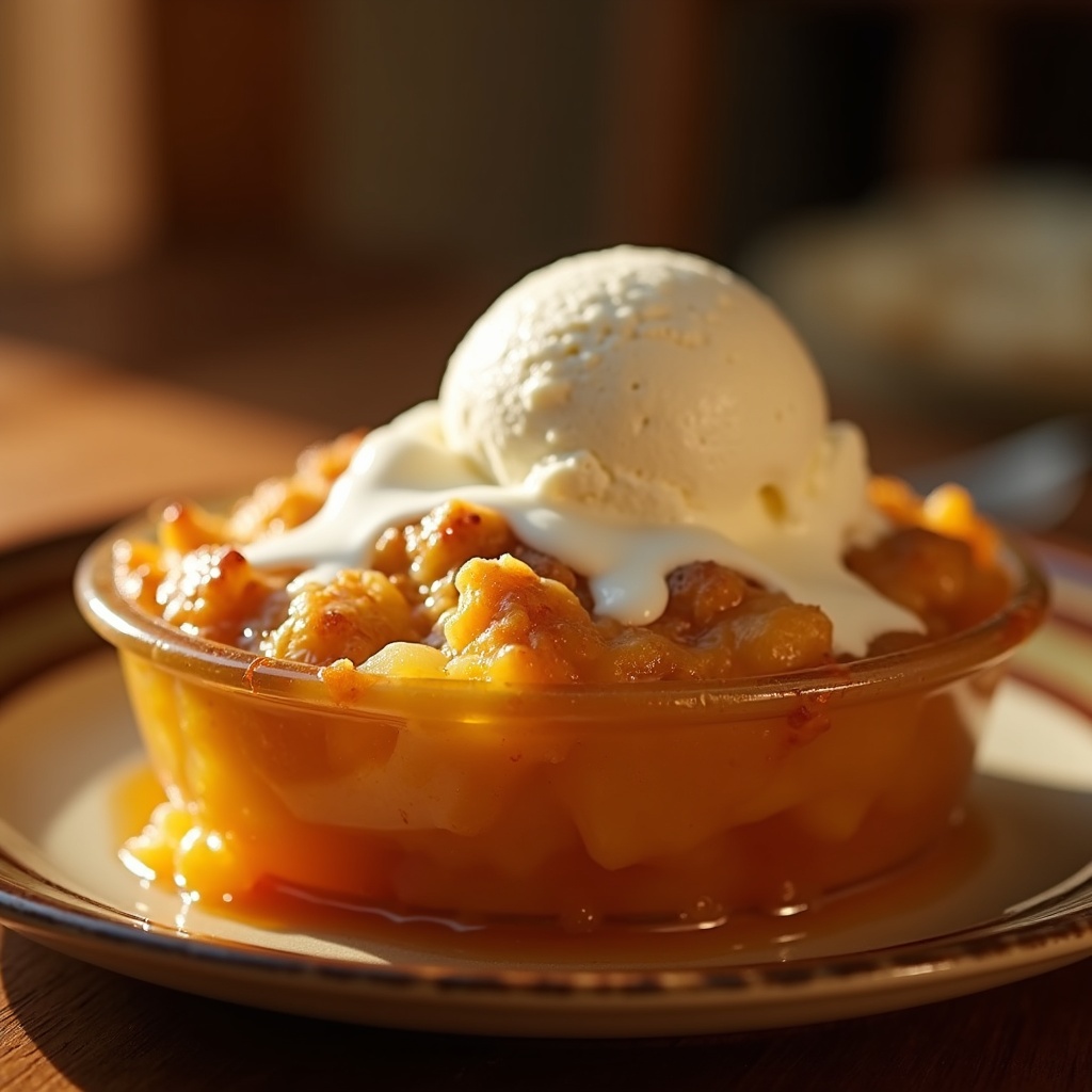 Peach Cobbler — Baked golden, served warm with a scoop of vanilla ice cream if you ask.