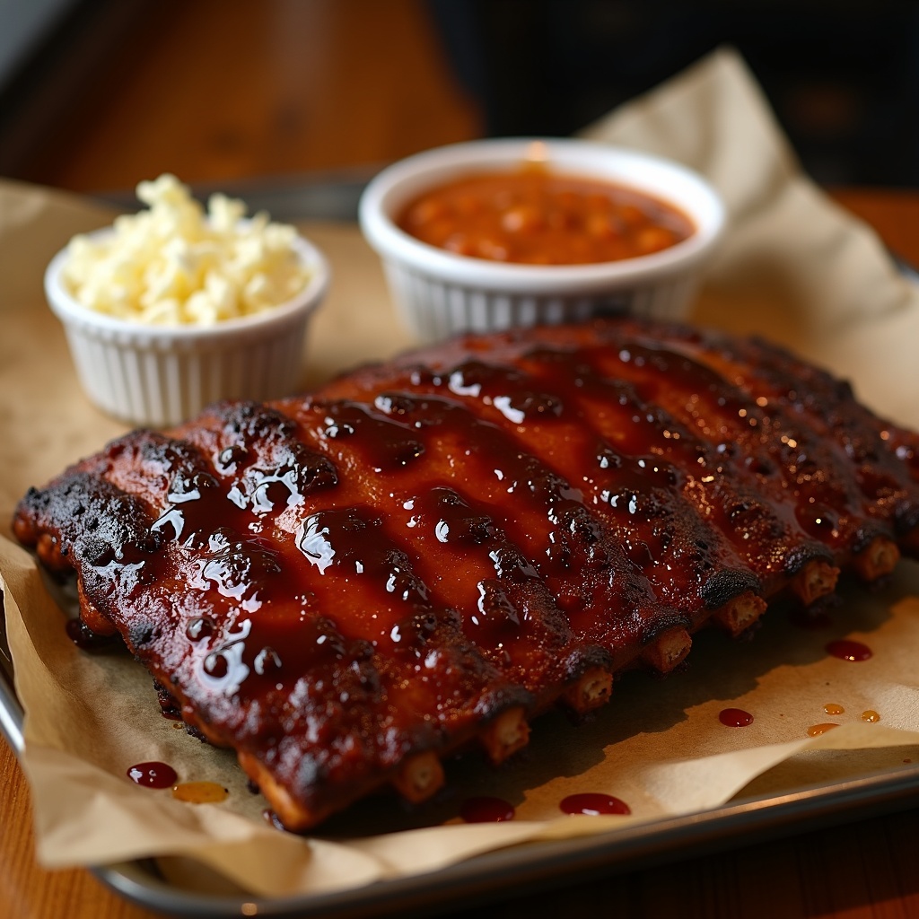 BBQ Ribs — Pork ribs cooked low until the meat pulls clean from the bone. House sauce, no shortcuts.