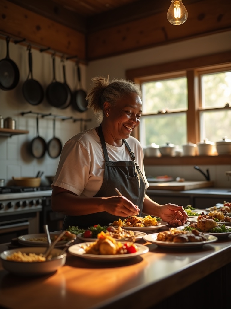 Evelyn in the kitchen plating soul food with care, warm light streaming in